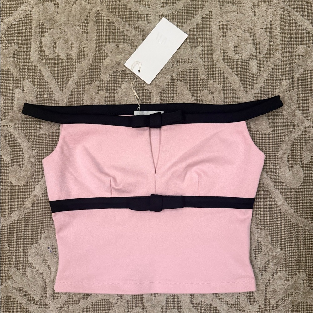 NWT Zara TIE FRONT CROP TOP Pink Black Bow Off The Shoulder Top Size Small - Picture 9 of 13